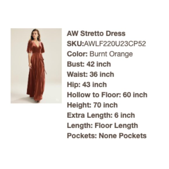 NWOT AW Stretto Velvet Wrap Dress, Burnt Orange, Bridesmaid, Size 14-16 Custom - Picture 6 of 8
